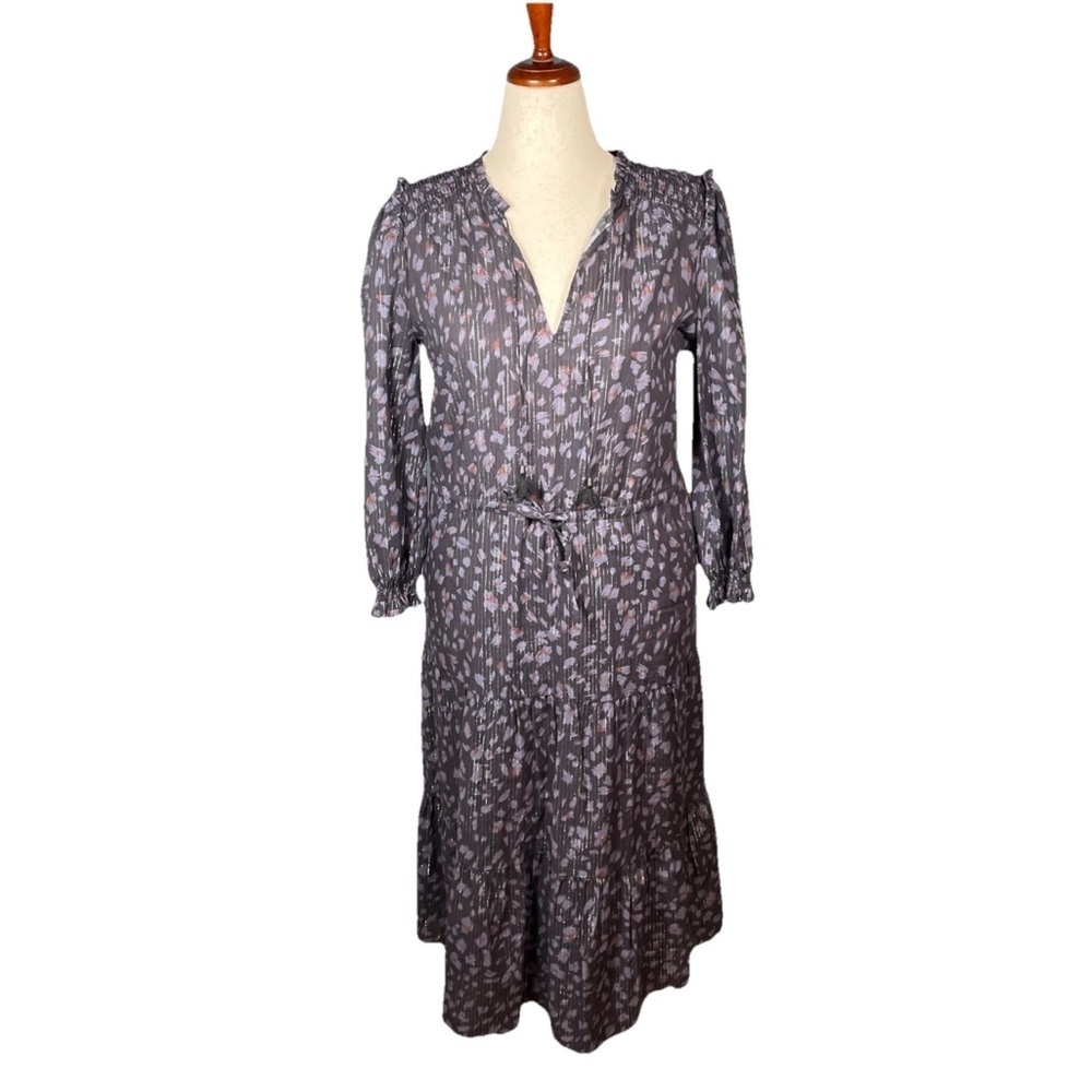 Paige Women's Kaylynn Tassel Tiered Tie Dress Lined Black Print Boho Medium